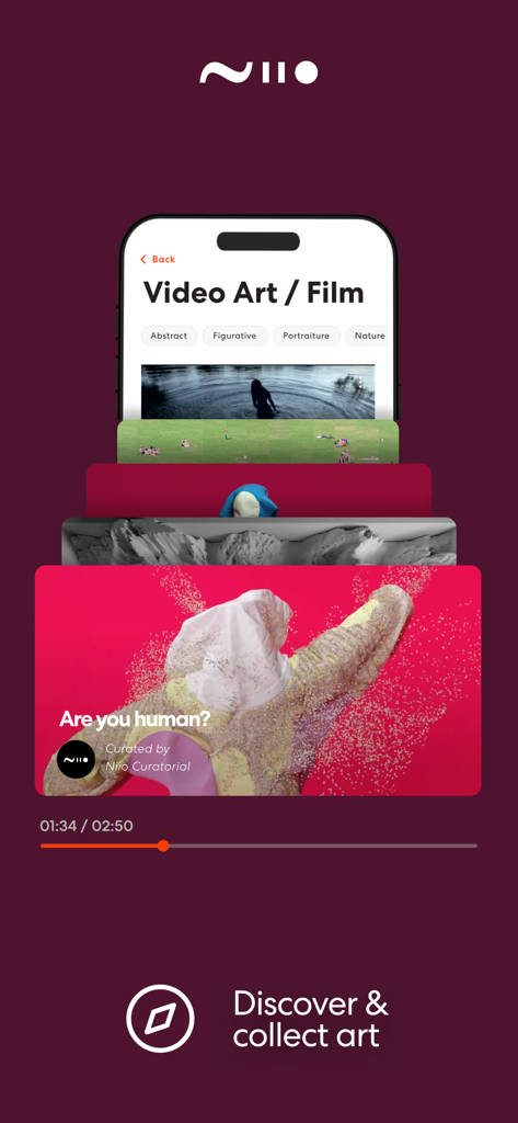 Niio Art mobile app interface showing video art categories and curated digital artworks