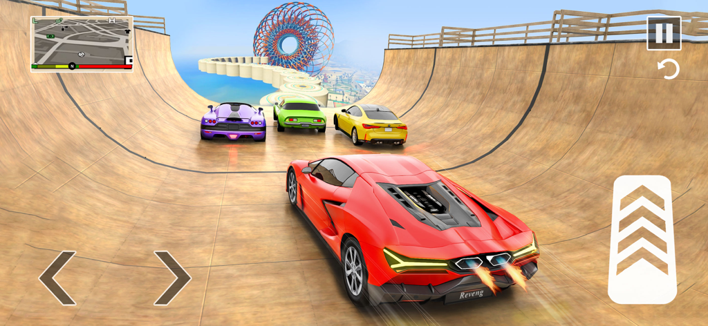 Drive Real Car Games - A red sports car driving on a wooden ramp with other cars and a loop track in the background