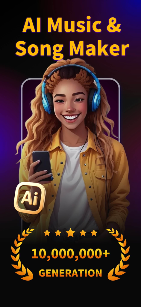 KP - AI Music & Song Generator - KP AI Music and Song Maker app promotional screen showing a person with headphones and over ten million generations