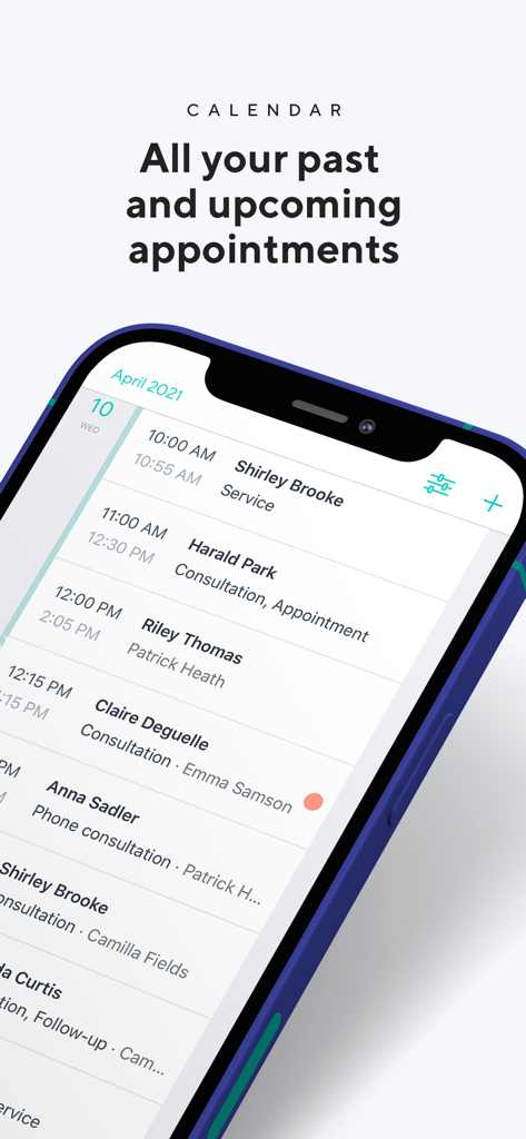 Shore Business - Shore Business app calendar interface displaying a list of client appointments and scheduled times