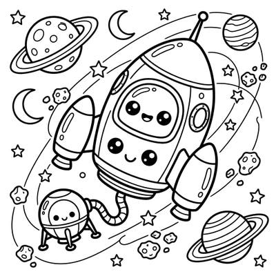 Embark on an adorable journey through the stars with our Kawaii Manned Spacecraft coloring page, designed for smiles and creativity. This charming illustration features a friendly rocket and a cute UFO exploring a galaxy filled with planets, stars, and asteroids, all waiting for your vibrant colors.