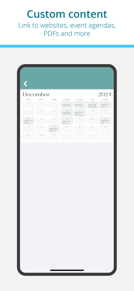 ListenWIFI app showing a custom event agenda calendar for December 2024
