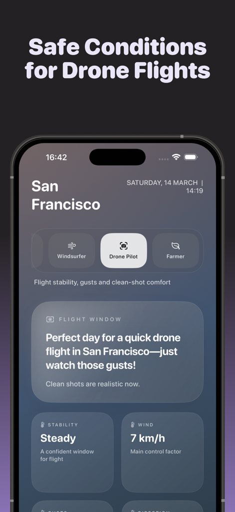 Weather Assistant AI app displaying flight stability and wind conditions for drone pilots in San Francisco