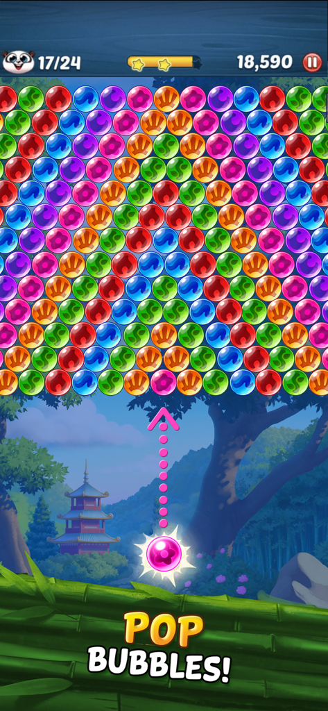 Jogabilidade do atirador de bolhas Panda Pop mostrando bolhas coloridas e um cenário de pagode
