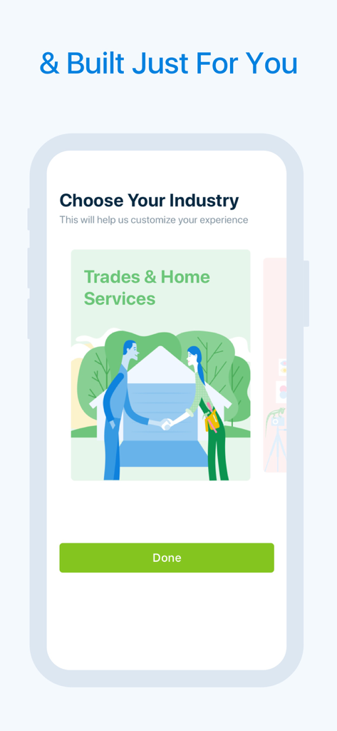 Invoice Creator by FreshBooks - Screenshot of the Invoice Creator app showing the Choose Your Industry screen with a Trades and Home Services card selected