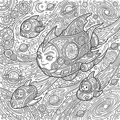 Explore a universe of wonder with this intricate coloring page featuring sentient time vessels navigating cosmic patterns. Perfect for adventurers ready to bring futuristic space travel to life with their colors.