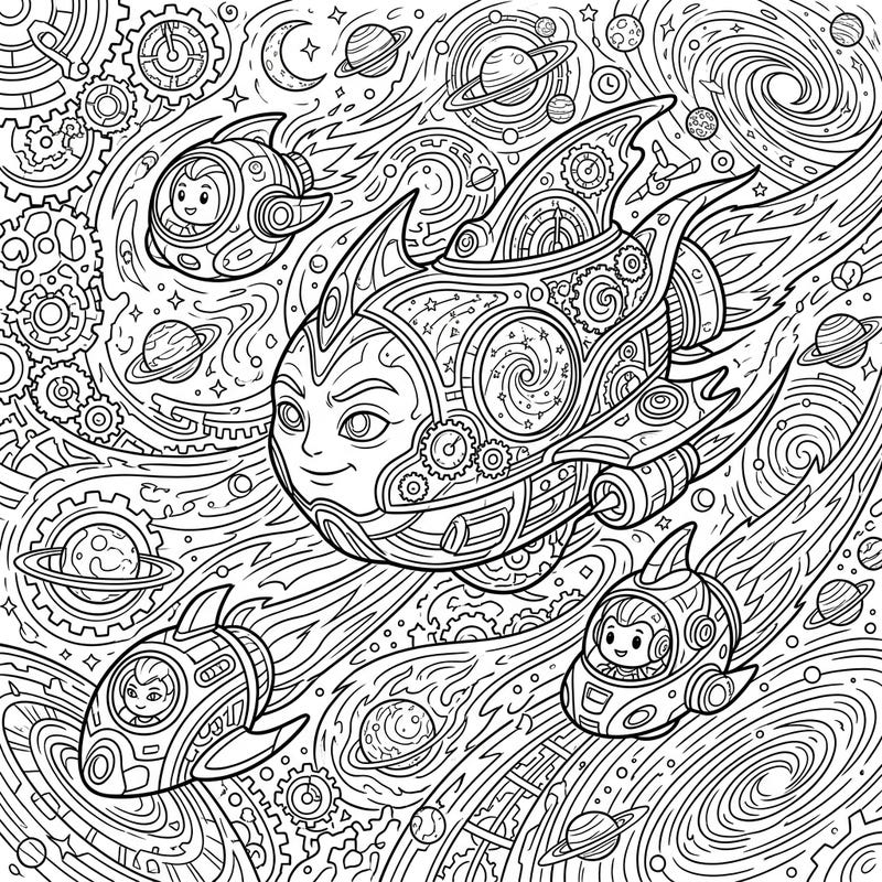Explore a universe of wonder with this intricate coloring page featuring sentient time vessels navigating cosmic patterns. Perfect for adventurers ready to bring futuristic space travel to life with their colors.