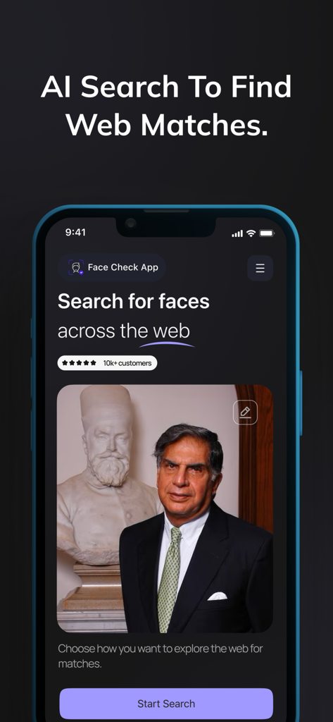 Interface do aplicativo Face Check AI para pesquisa de reconhecimento facial e correspondências na web.