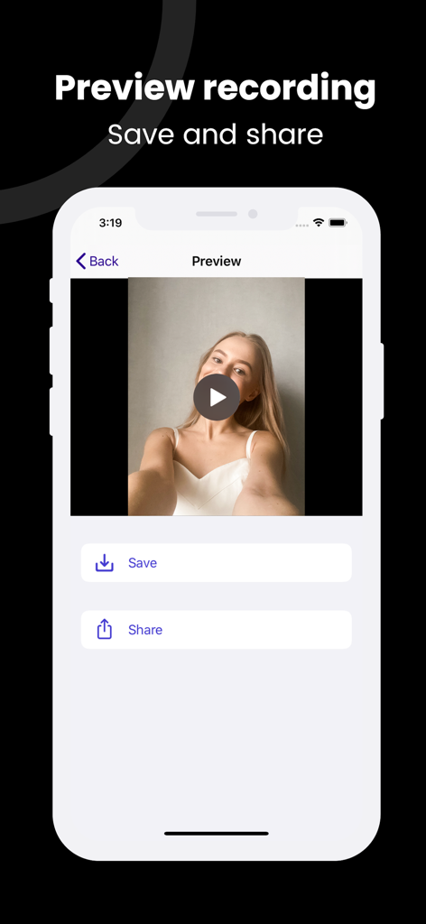 Teleprompter with Video - Interfaz que muestra la pantalla de vista previa de grabación con opciones para guardar y compartir el video.