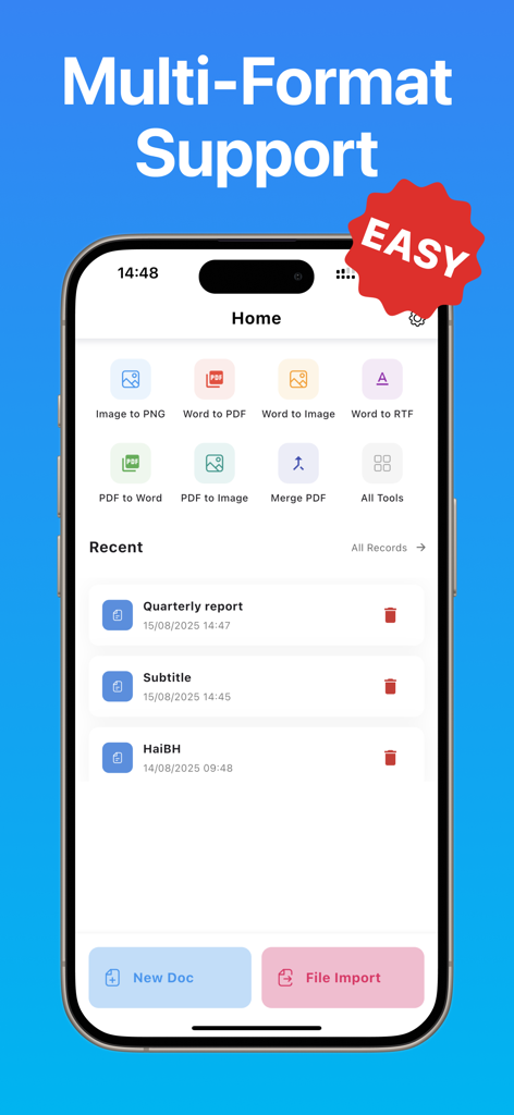 Pantalla de inicio de la aplicación Word Editor mostrando varias herramientas de conversión de documentos y archivos recientes.