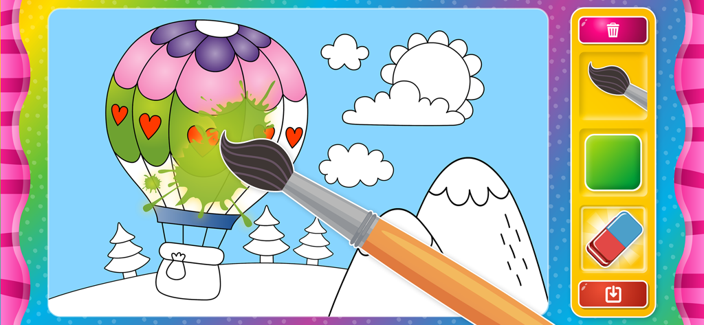 Toddler Coloring Book for Kids - Uma página para colorir digital de um balão de ar quente sendo pintado com um pincel em um aplicativo de aprendizado infantil