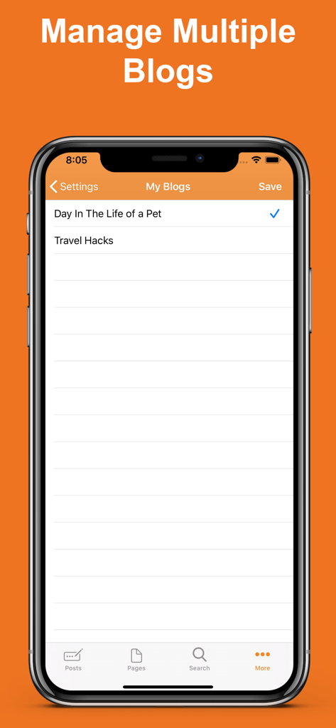 Interfaz de la aplicación Blog for Blogger que muestra una lista de diferentes blogs para gestionar en un iPhone