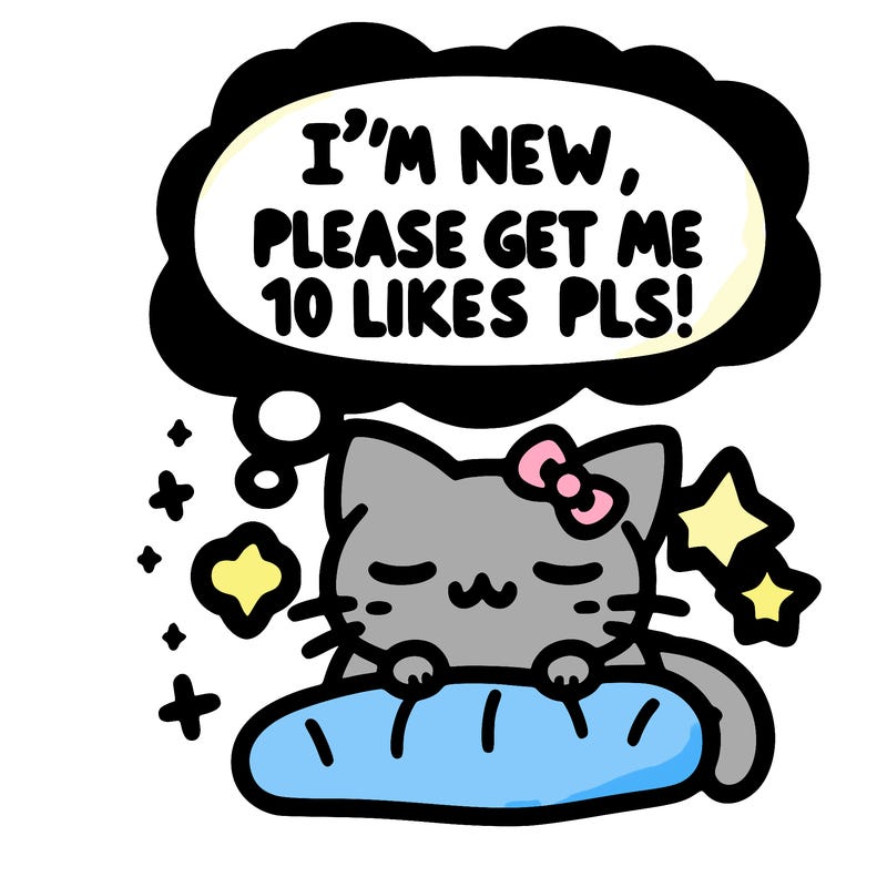 kitty taking a nap dream talking and saying "i'm new, please get me at least 10 likes pls!!"