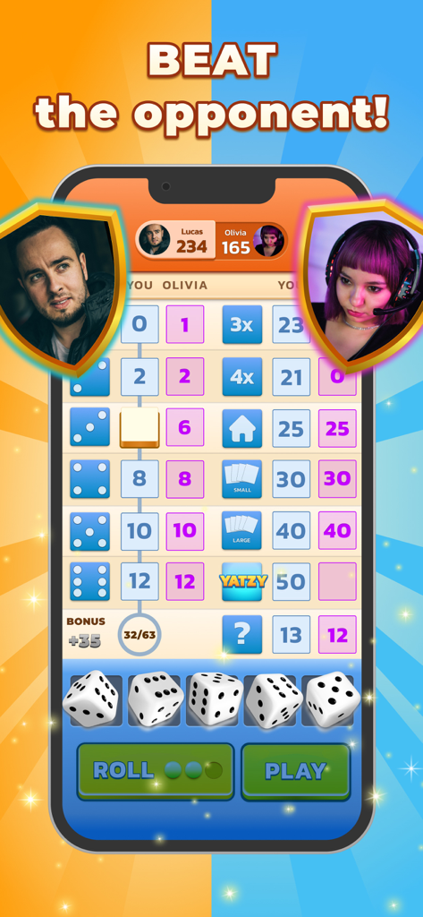 Yatzy - The Classic Dice Game - Capture d'écran de l'application mobile Yatzy montrant un match en ligne compétitif entre deux joueurs avec des scores élevés et des dés lancés.