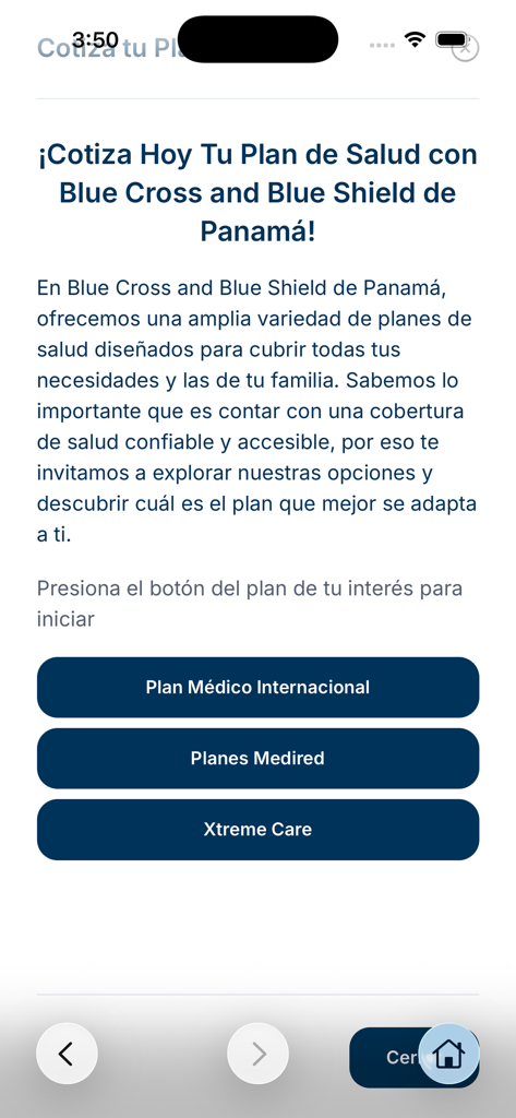 BlueCross BlueShield Panama - BlueCross BlueShield Panama app health plan selection screen