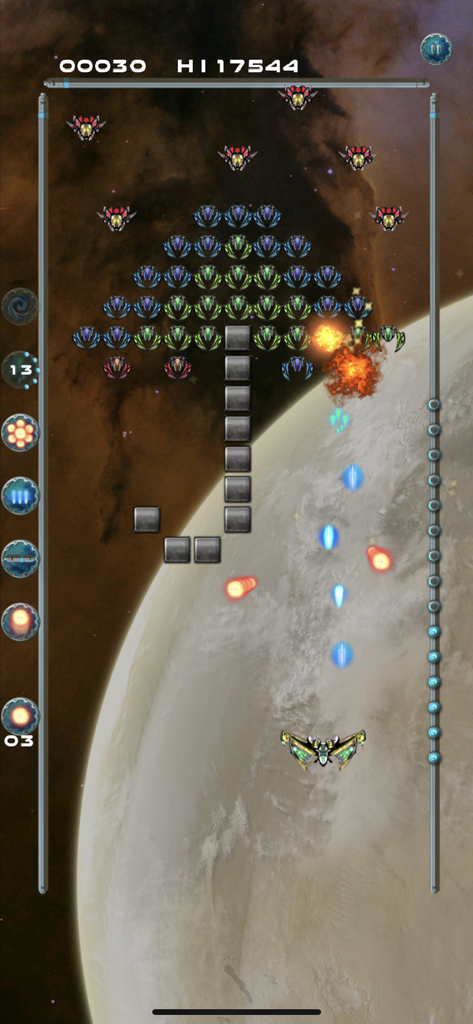 Alien Wall - Brick Breaker - A spaceship shooting plasma balls at a wall of alien enemies and blocks in a retro space arcade game.