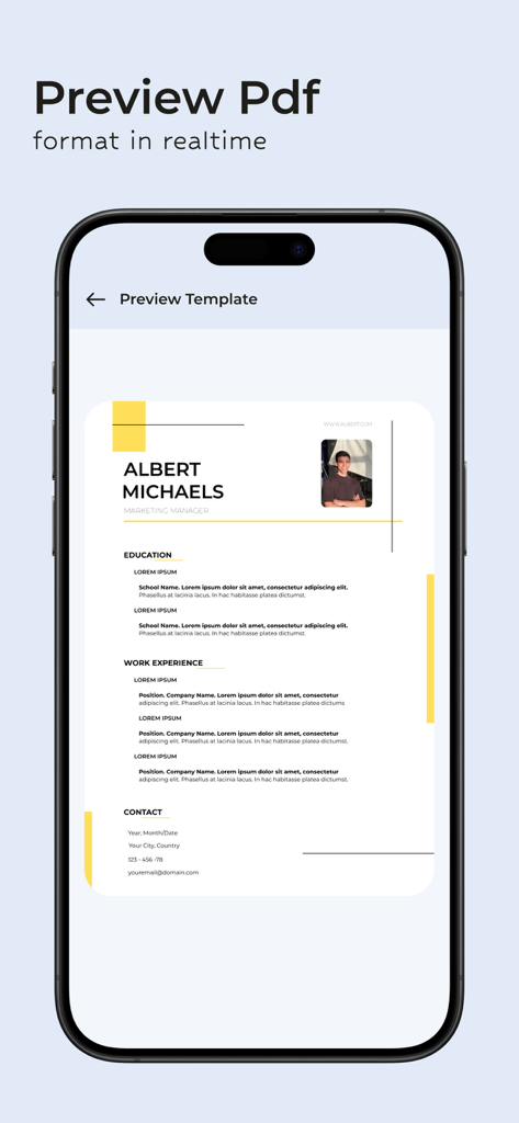 Resume Maker: CV Builder - Vista previa de una plantilla de currículum profesional en la pantalla de un teléfono móvil