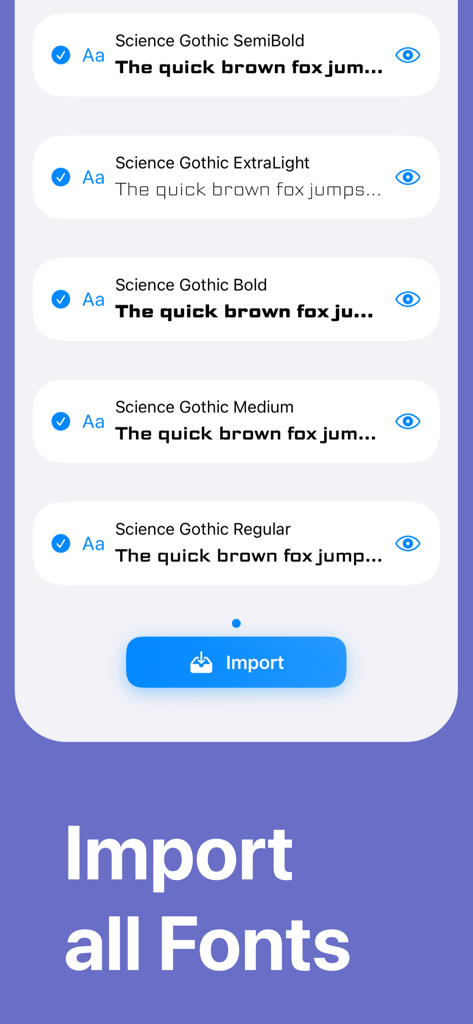 Install - Any Fonts - App interface displaying various font weights for import
