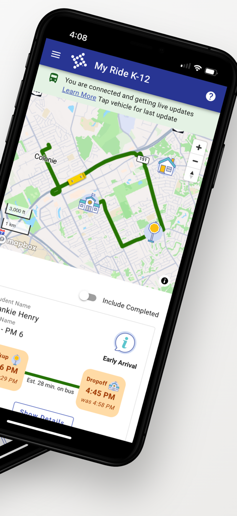 My Ride K-12 mobile app interface showing real-time school bus tracking on a map with student pickup and dropoff times