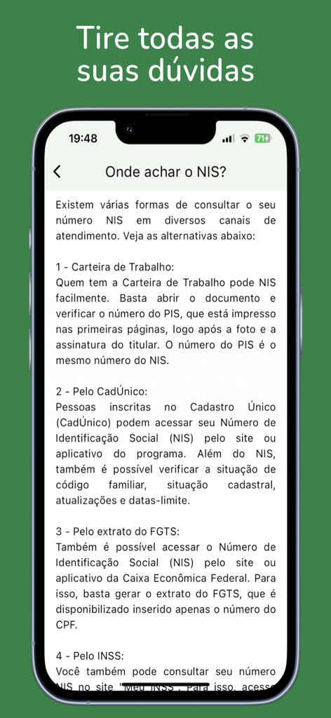 Bolsa Família - Consulta - Informationsbildschirm der Bolsa Familia-App, der erklärt, wo die NIS-Nummer zu finden ist