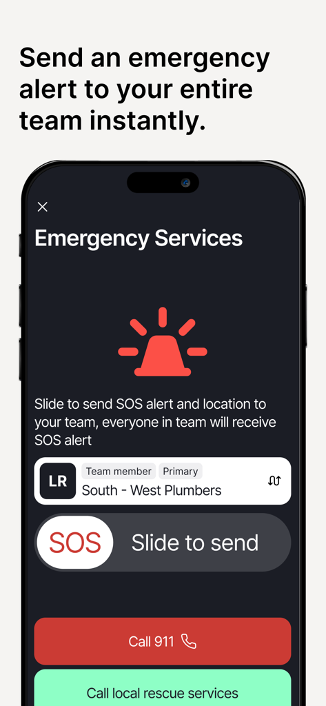 Schermata dell'app Twiceme che mostra un cursore SOS per inviare allarmi di emergenza e la posizione a un team