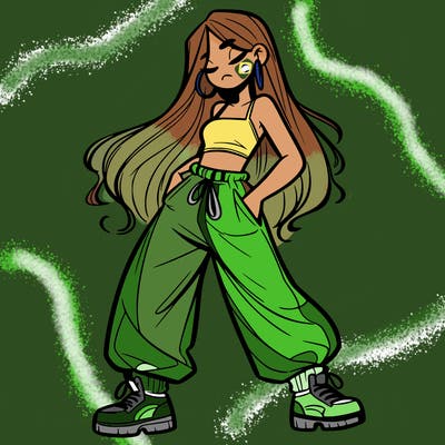 girl in baggy pants crop top and long hair