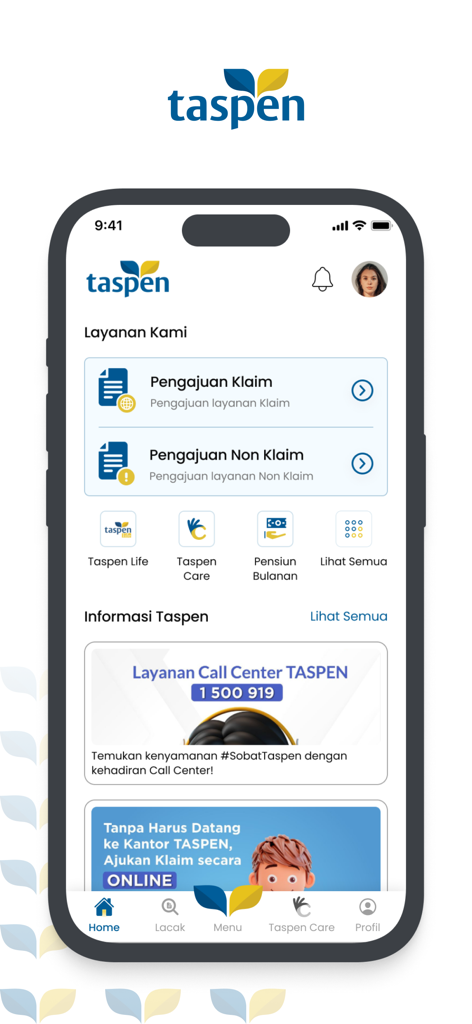 Main dashboard of Andal by Taspen mobile app featuring pension claim and information services.