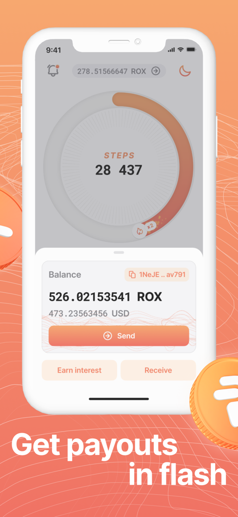 Robox Fit - Walk & Earn - Smartphone screen showing Robox Fit app with step counter and crypto currency balance