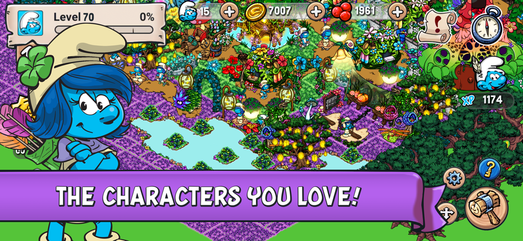A colorful screenshot of Smurfs Village showing a decorated forest settlement and a Smurf character