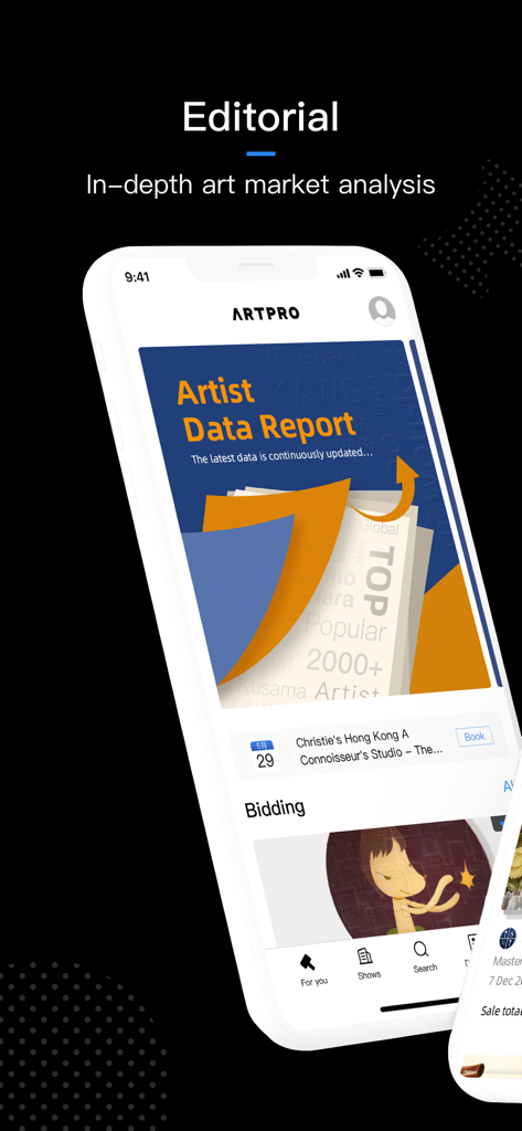 ArtPro app interface showing an artist data report and art market analysis.