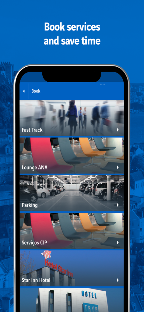 ANA Portuguese Airports mobile app screen showing options to book services like Fast Track and Lounge.