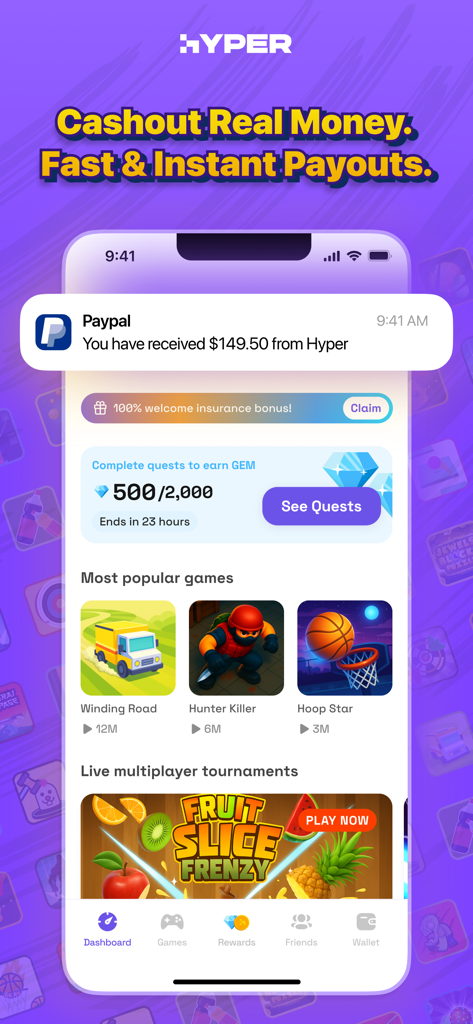 Hyper app dashboard displaying a PayPal payout notification and a list of popular skill-based games for cash
