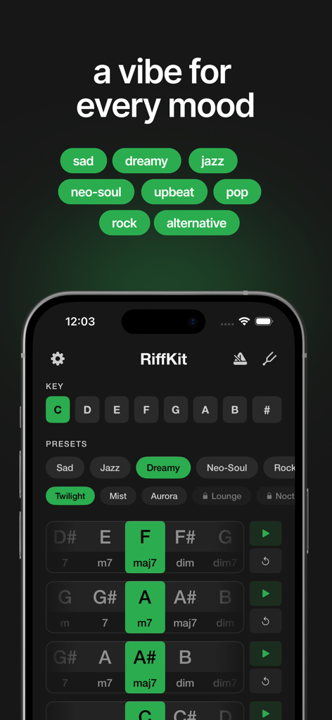 RiffKit Guitar Chord Generator - Interface do aplicativo RiffKit exibindo progressões de acordes de guitarra organizadas por moods como sonhador e neo-soul
