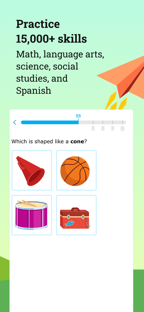 IXL app screenshot showing a geometry question asking to identify a cone-shaped object from multiple choices.