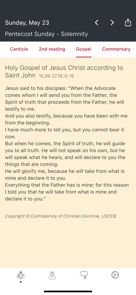 Interfaz de la aplicación Evangelizo mostrando el Santo Evangelio de Jesucristo según San Juan para el Domingo de Pentecostés