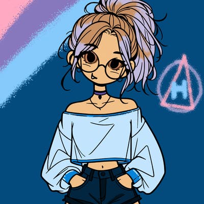girl with a messy ponytail glasses a baggy crop top and jean shorts