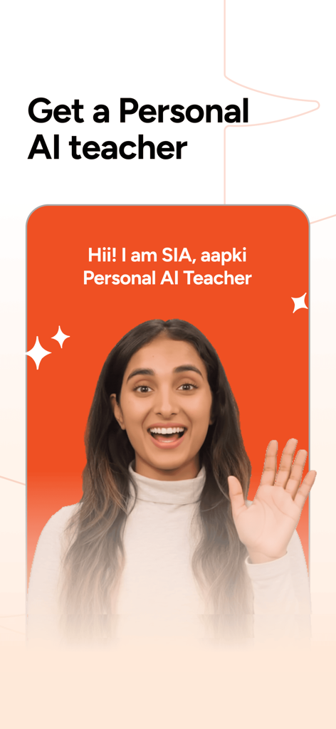 SpeakX app interface featuring SIA the personal AI teacher smiling and waving