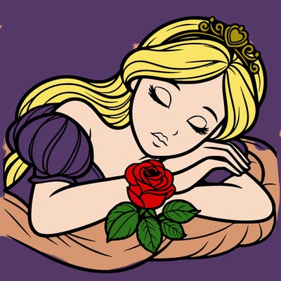 a fairytale princess sleeping with her hands crossed on her chest and a rose on her chest realistic