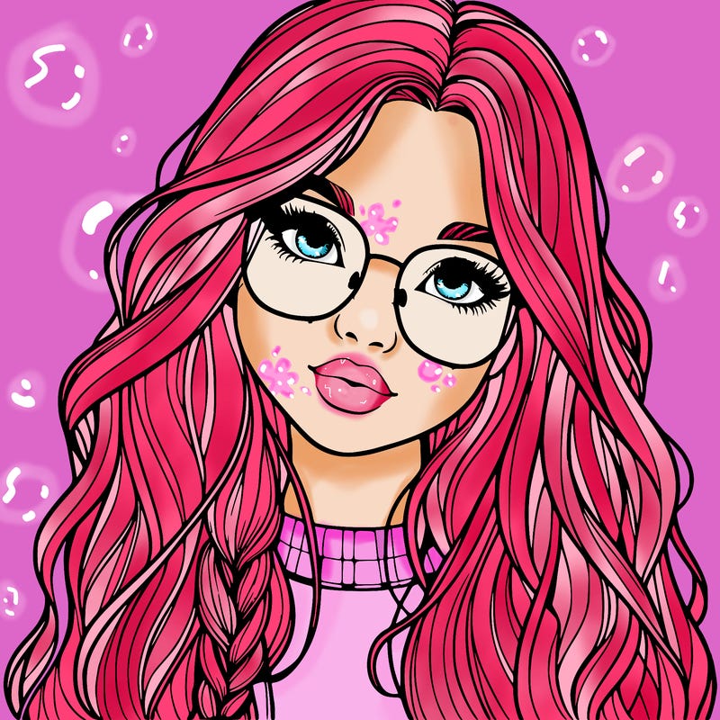 girl with long hair and freckles and glasses realistic