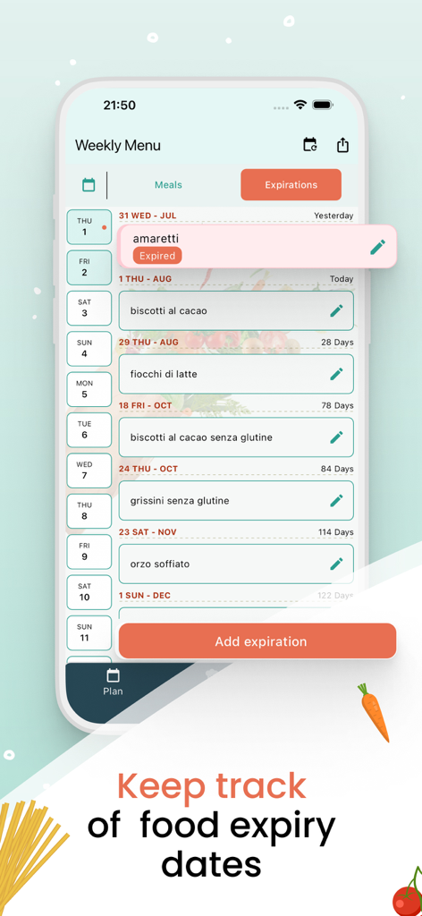 Weekly Menu - Wochenmenü-App-Oberfläche, die eine Liste von Lebensmitteln mit ihren Ablaufdaten und Statusalarmen zeigt