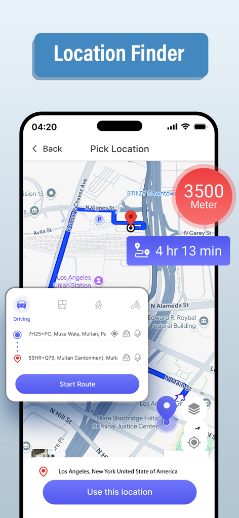 GPS & Maps Navigator - GPS and Maps Navigator app showing the location finder and route planner interface on a map