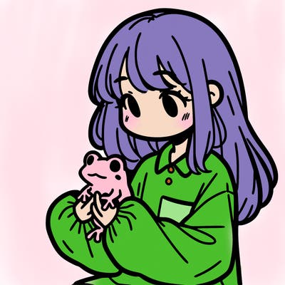 girl with long hair and a oversized shirt. and she is holding a frog