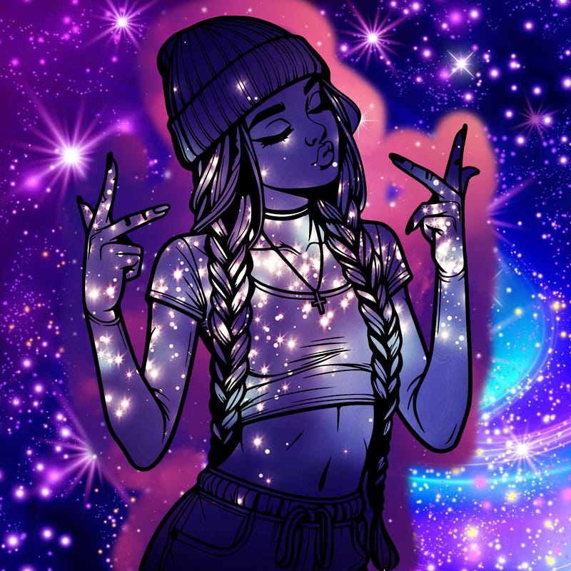 realistic teenage girl with braids and a beanie and crop top doing 🫶🏼