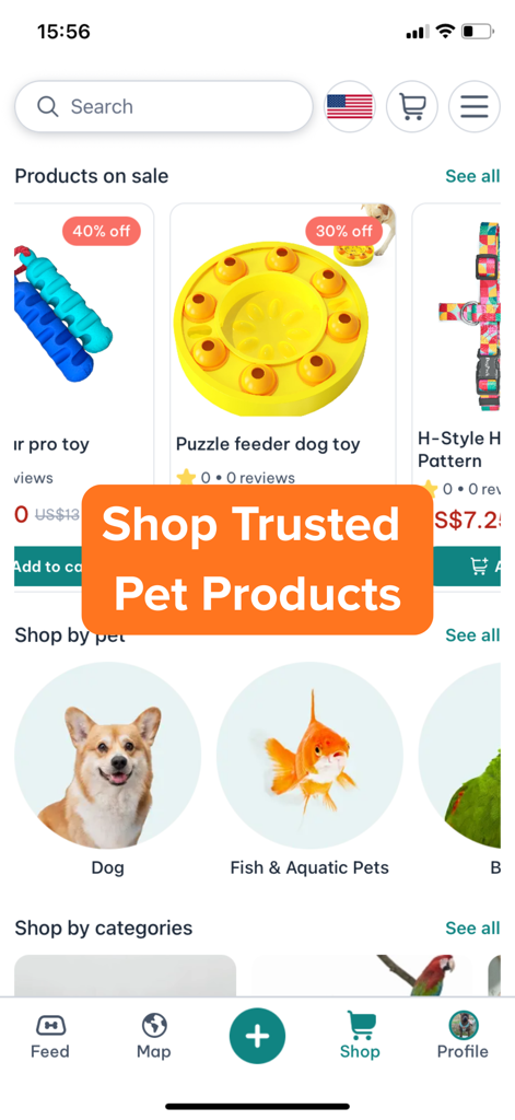 DogPack: Dog Friendly Spots - Sección del mercado de la aplicación DogPack que muestra juguetes para perros y accesorios para mascotas