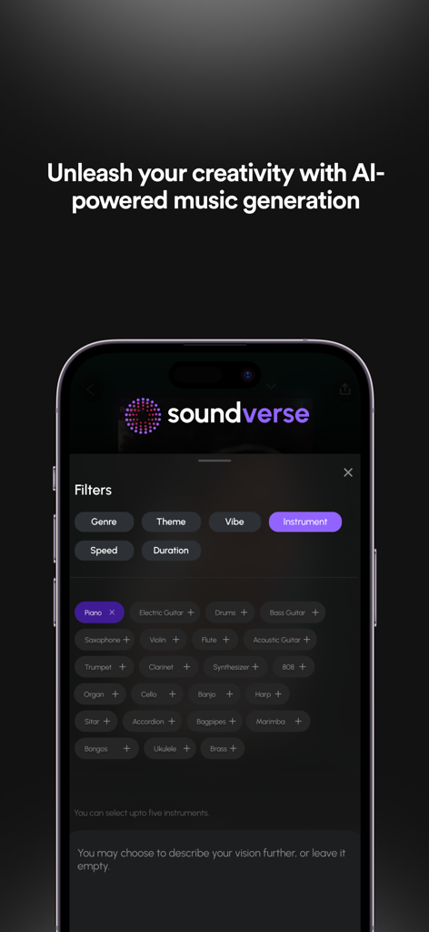 Soundverse - AI Song Generator - Interface of the Soundverse app showing instrument selection filters for AI music creation.