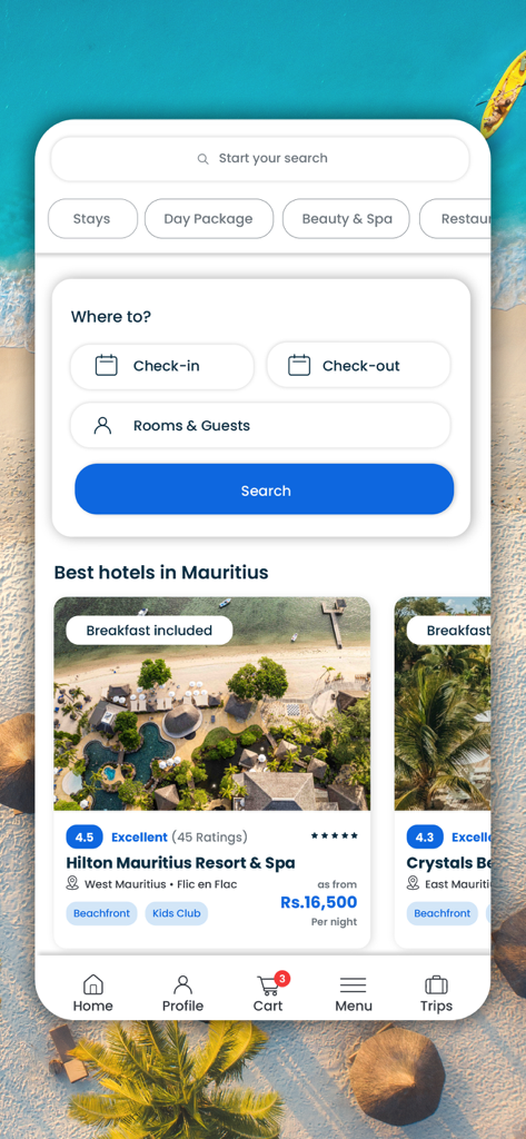 MariDeal mobile app dashboard showing hotel search filters and featured vacation deals in Mauritius