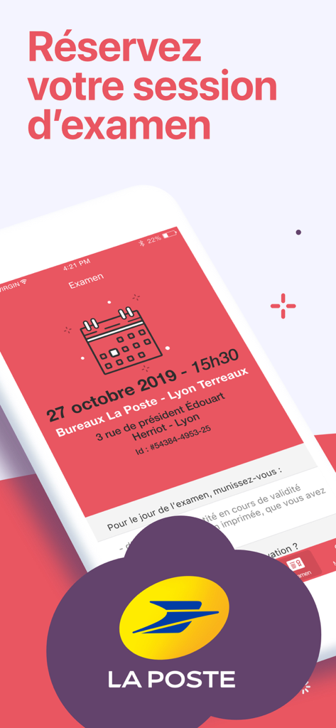 Mobile app screen showing the booking interface for a driving theory exam session with La Poste