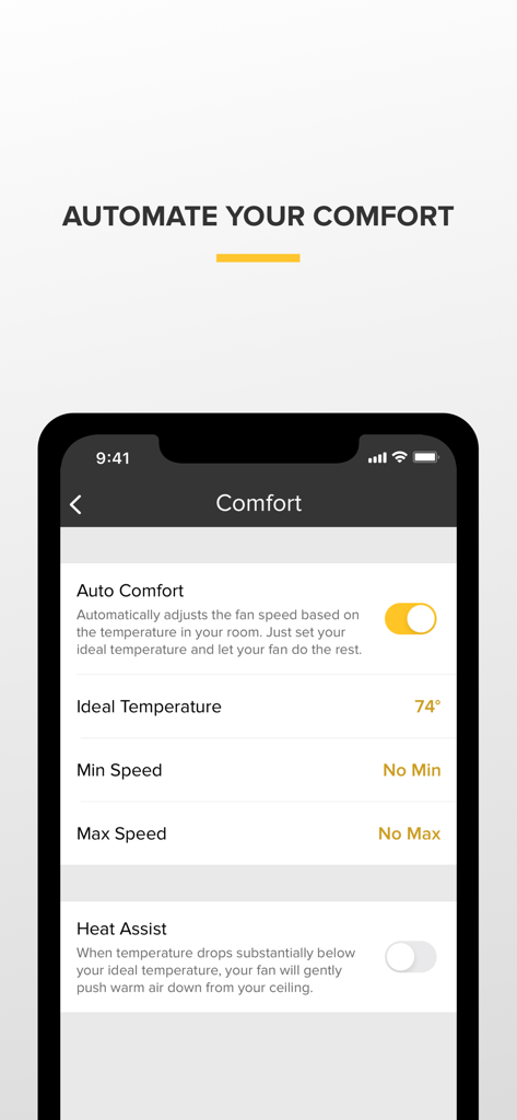 Big Ass Fans - Big Ass Fans App-Oberfläche mit automatisierten Komforteinstellungen und Temperaturregelungsoptionen