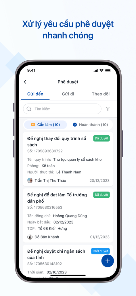 HanoiWork - Interface de l'application mobile HanoiWork montrant une liste des demandes d'approbation gouvernementales officielles avec des indicateurs de statut