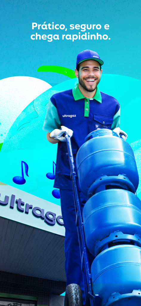 Ultragaz: Peça botijão - A smiling delivery man in an Ultragaz uniform pushing a cart with blue gas cylinders